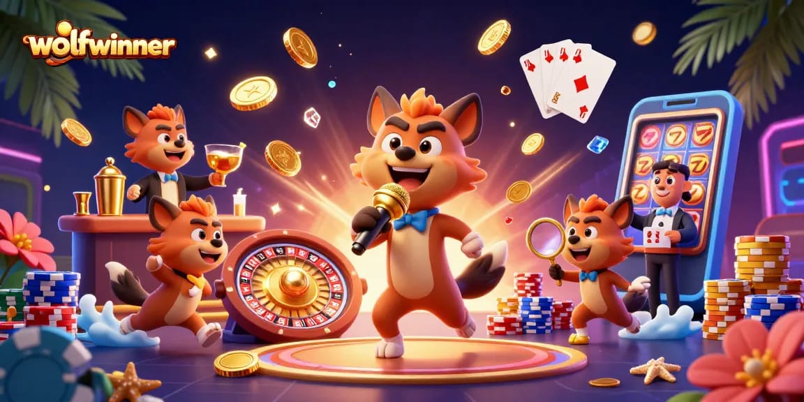 wolfwinner hyena comedy casino scene with roulette, sparkling gems, and vibrant gaming elements