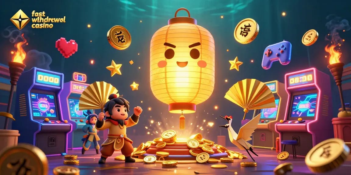 Engage in the fast withdrawal casino with vibrant arcade elements, glowing characters, and golden symbols.