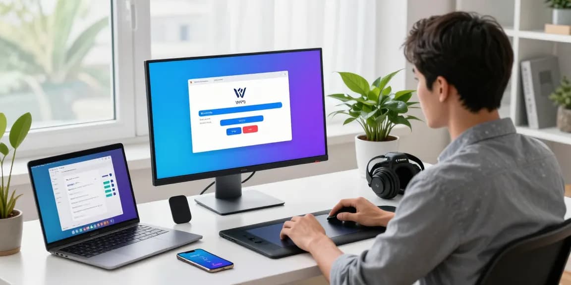 WPS Download in a modern workspace with tech gadgets and vibrant download progress