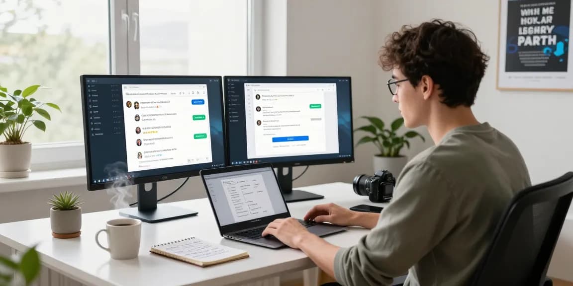 Engaging view of a home office with the Telegram Web Version displayed on screen, signifying modern remote communication.