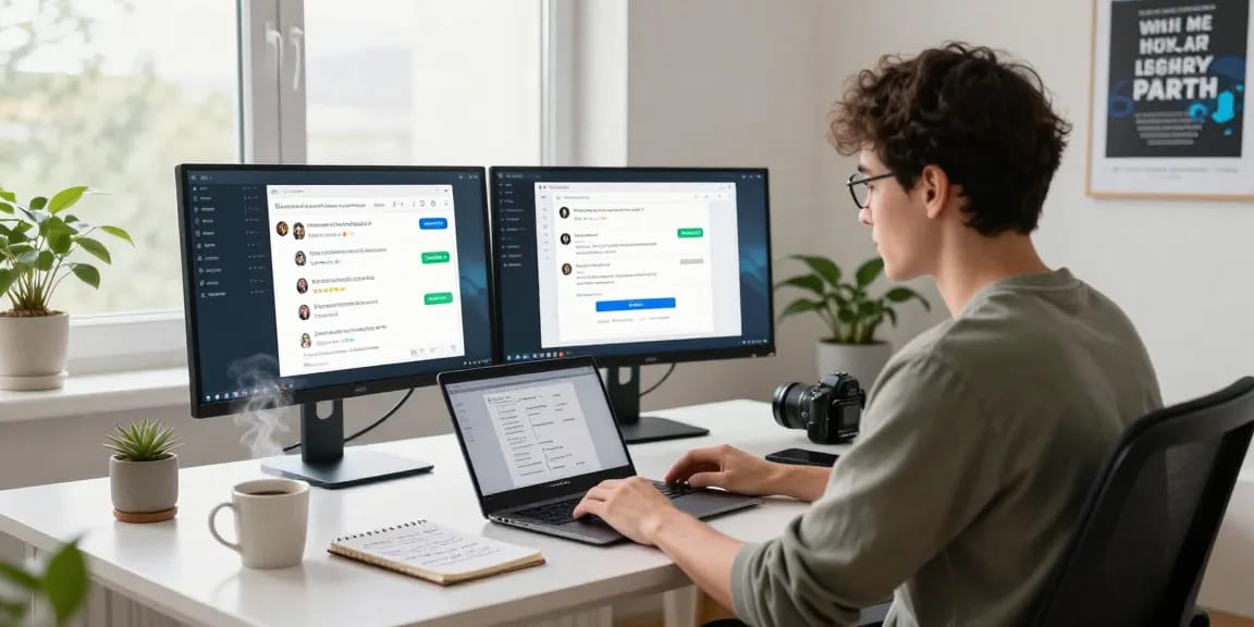 Engaging view of a home office with the Telegram Web Version displayed on screen, signifying modern remote communication.