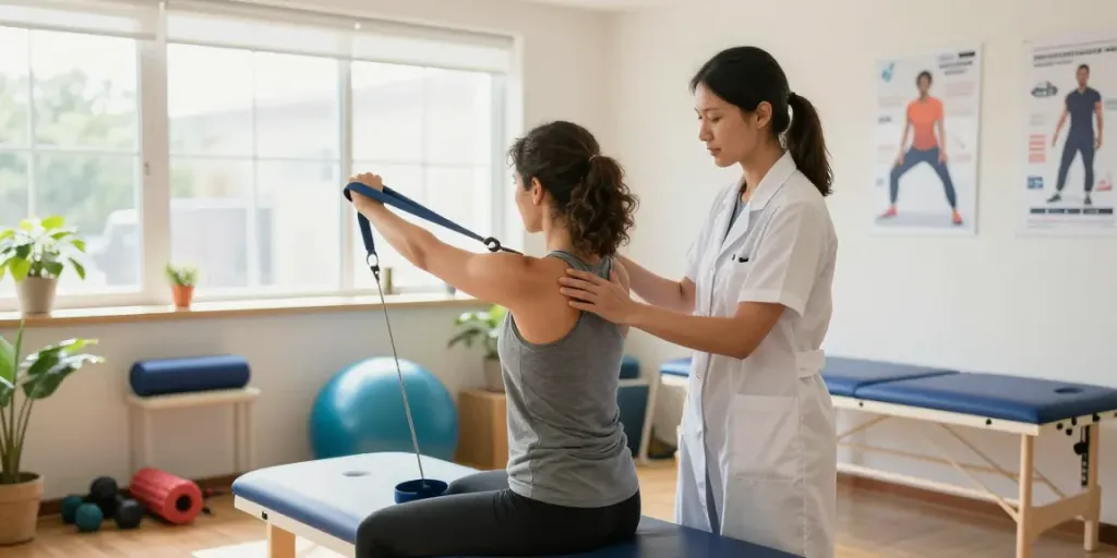 Physiotherapy close to me burlington, a therapist supports a patient in a bright clinic.