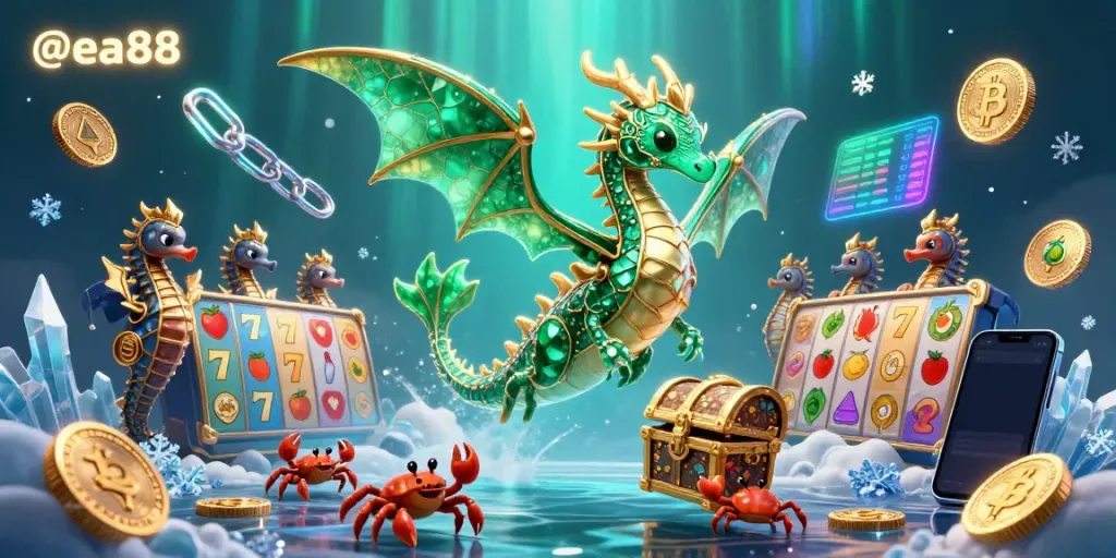 Experience thrilling gameplay at @ea88 with a dynamic sea dragon treasure scene, crypto coins, and immersive gaming elements.