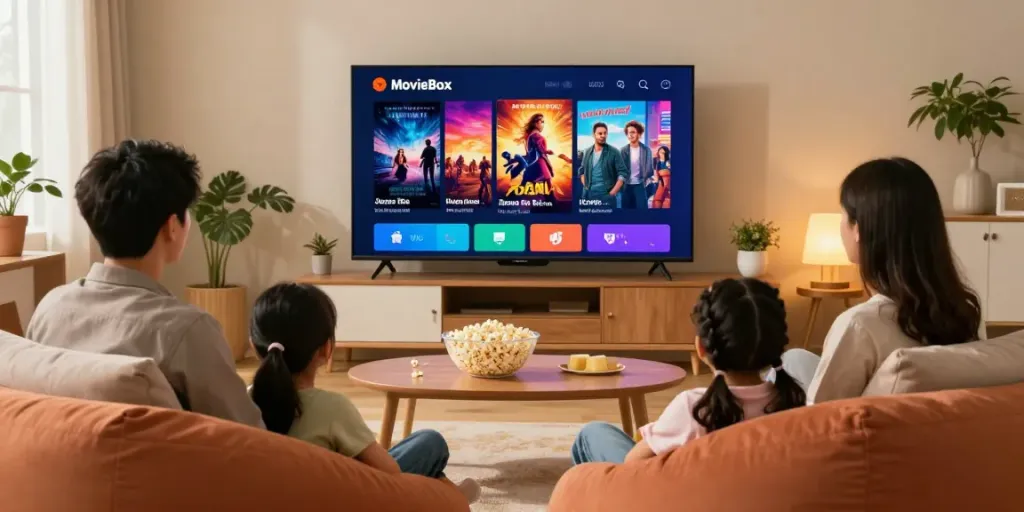 Family enjoying a movie on the MovieBox app on a large smart TV at home.