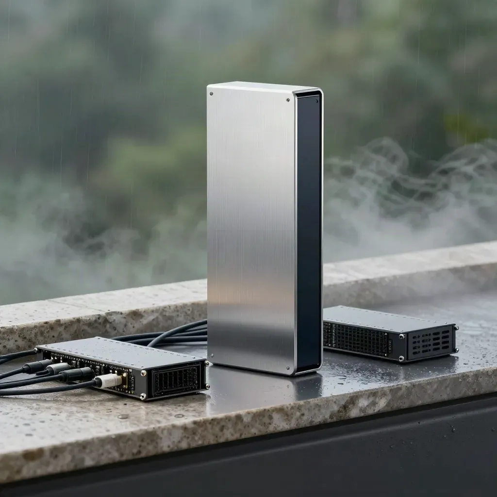 Hardware wallet tower with server blade modules and braided cables on stone in misty dawn light.
