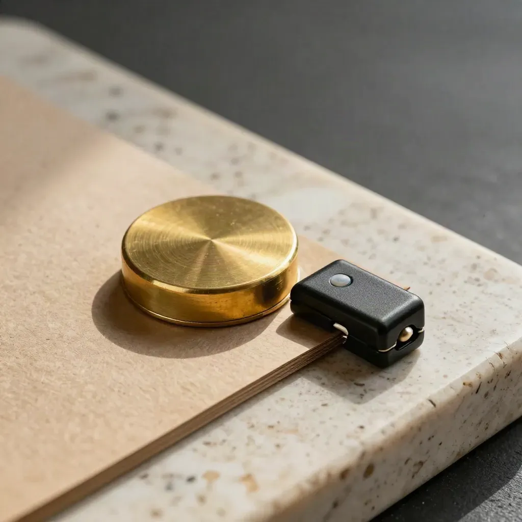 Brass access puck, member-key sleeve, and lockbox latch on travertine in warm macro light.