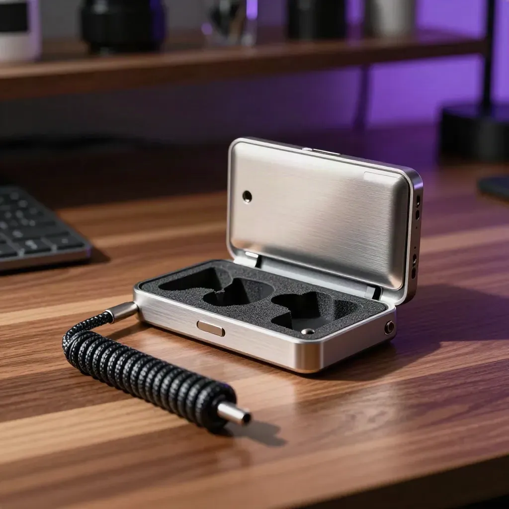 Hardware wallet, foam insert, braided cable and prototype enclosure on a walnut workbench.
