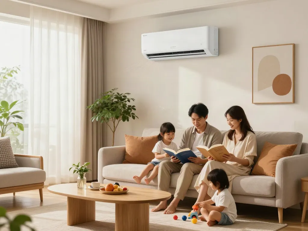 Ductless air conditioner providing comfort in a cozy living room with family enjoying their time.