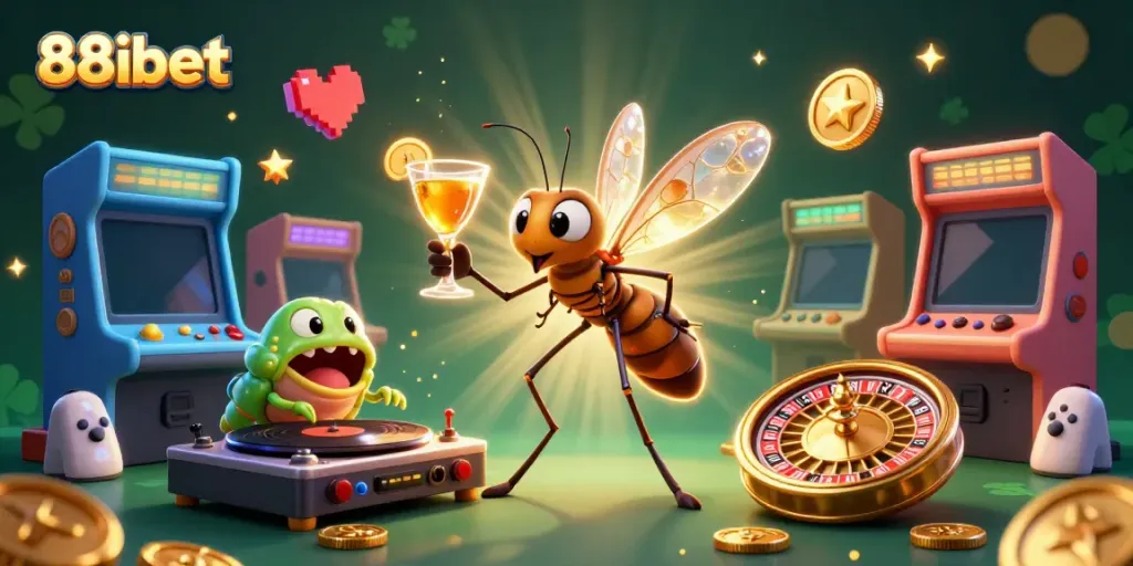 88ibet showcases a vibrant casino scene with a mosquito mascot and a trilobite DJ, symbolizing lively gaming.