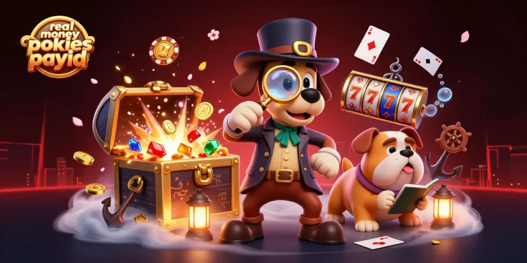 Play real money pokies payid with golden poker chips and colorful slot reels illuminating the scene.